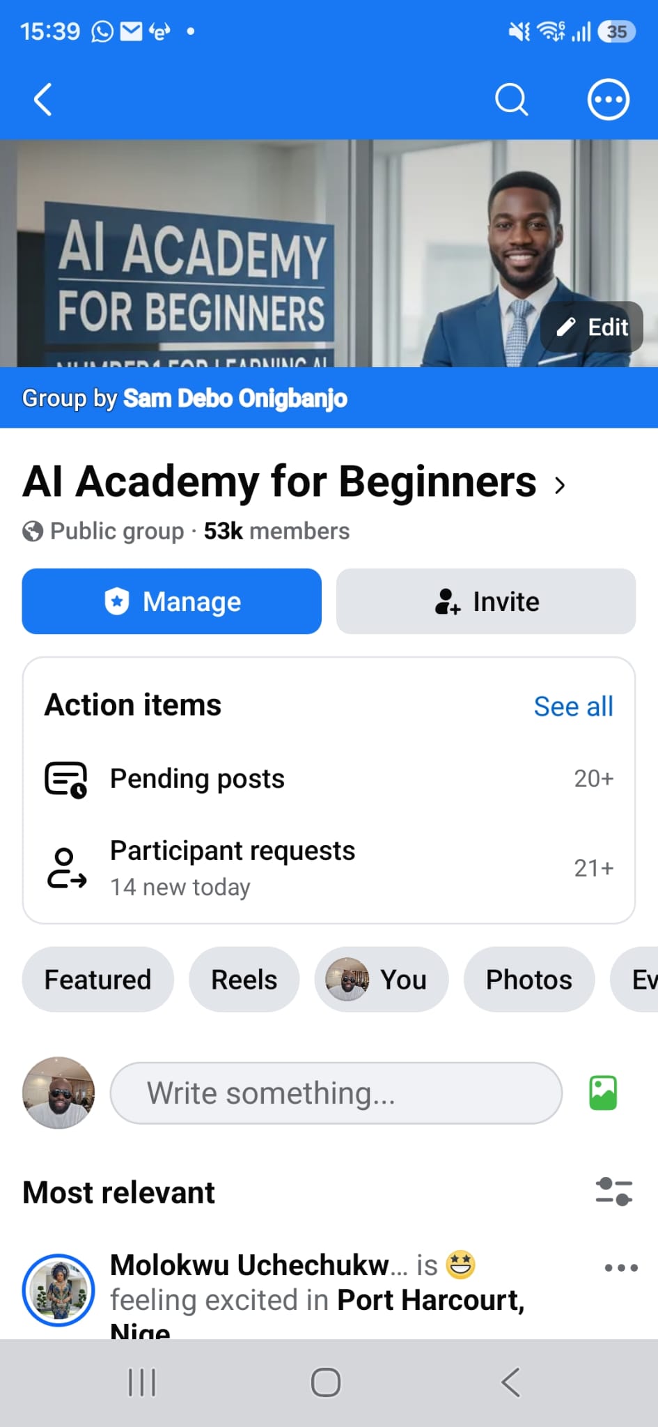 Facebook group screenshot for AI Academy for Beginners showing 53k members, captured 14 July 2026